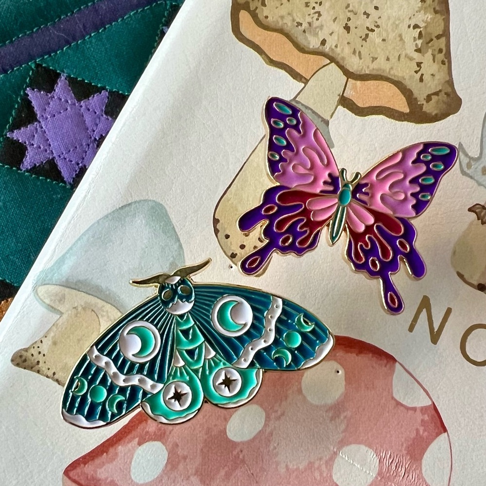 Gleam & Gild Colorful Butterfly and Moth Whimsical Cottagecore Enamel Brooch Set